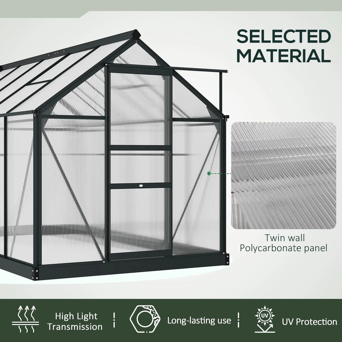 Outsunny 6 x 10 ft Polycarbonate Walk-In Greenhouse - Grey