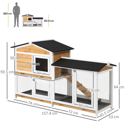 PawHut Two-Tier Wooden Rabbit Hutch with Run & Removable Trays – Yellow