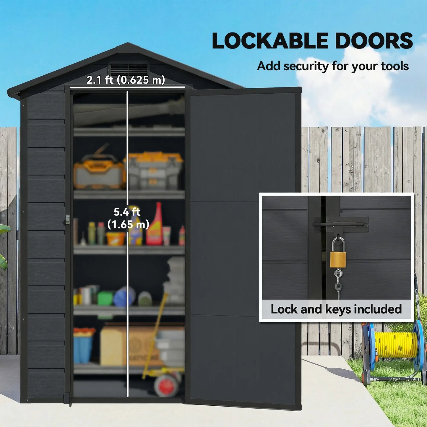 Outsunny 4 x 3ft Plastic Garden Shed with Floor, Lockable Door, Window & Vent – Dark Grey
