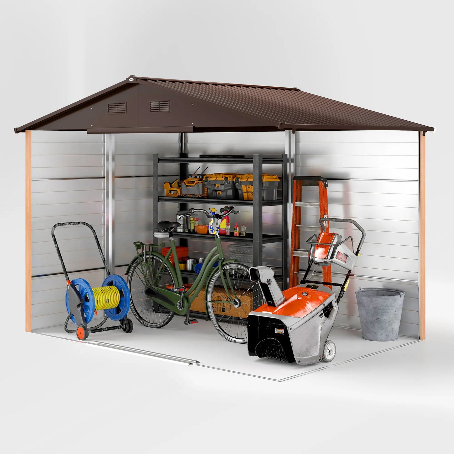 Outsunny 9 x 6ft Metal Garden Shed Brown Wood Effect with Sliding Doors & Vents, Brown Wood Effect