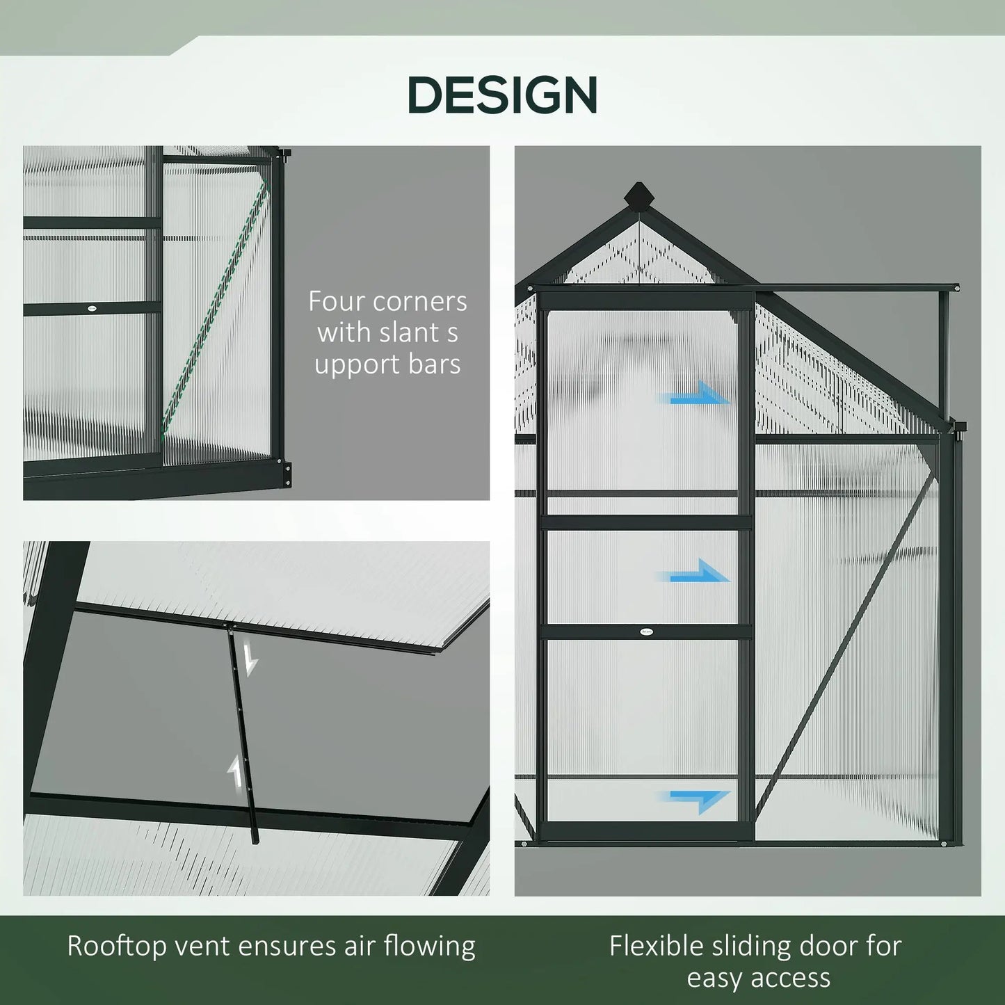 Outsunny 6 x 10 ft Polycarbonate Walk-In Greenhouse - Grey