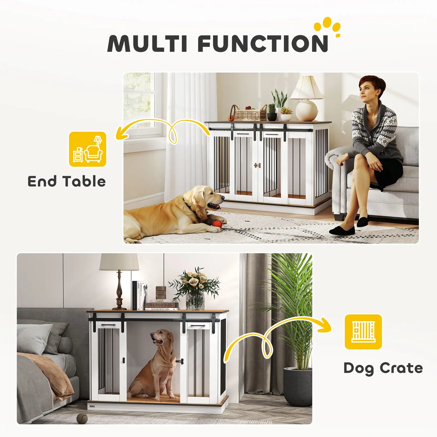 PawHut Dog Crate Furniture for Large Dogs & Small Dogs with Divider – White & Golden Oak