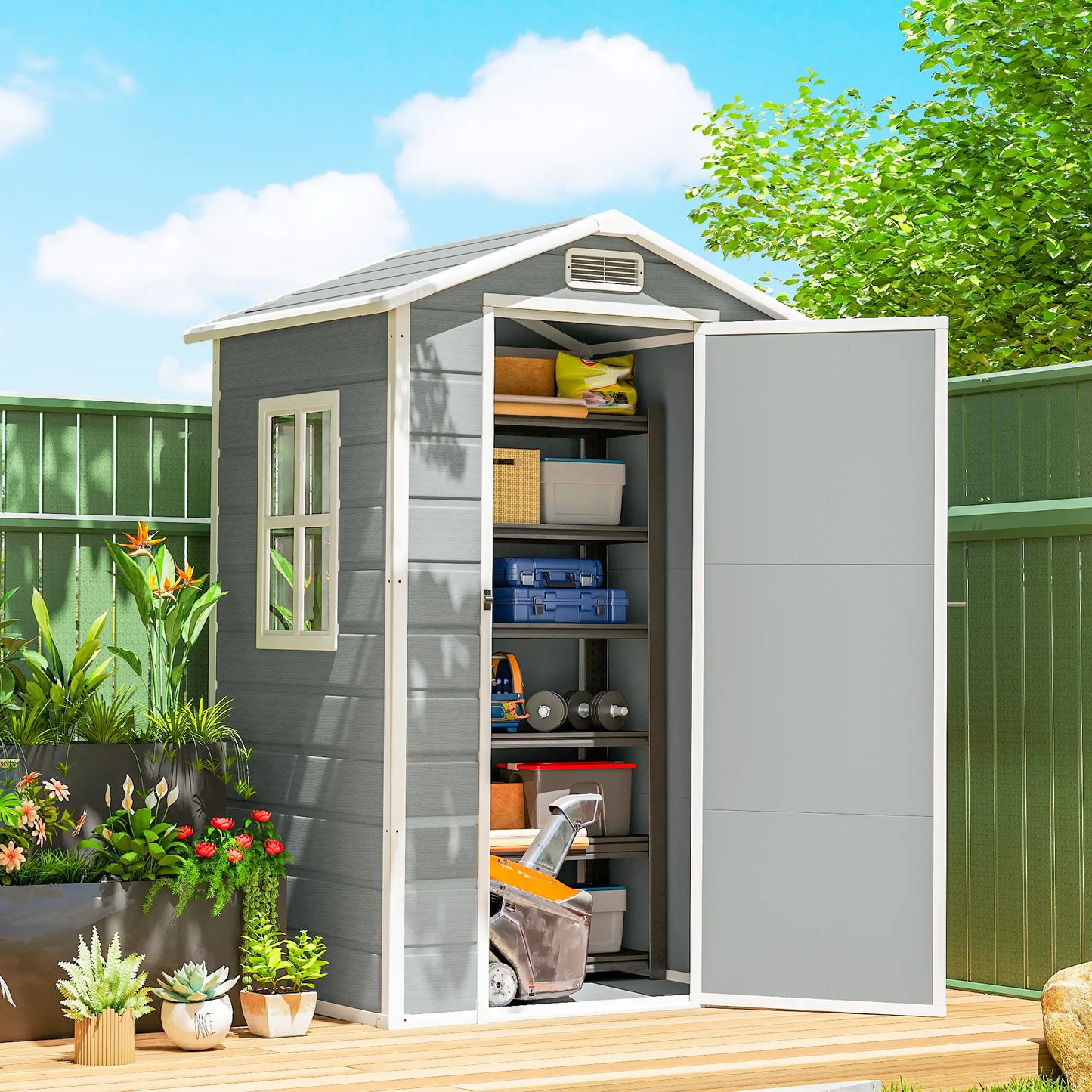 Outsunny 4 x 3ft Plastic Garden Shed with Floor, Lockable Door, Window & Vent – Light Grey