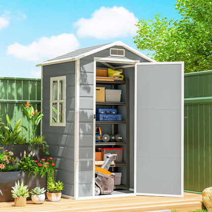 Outsunny 4 x 3ft Plastic Garden Shed with Floor, Lockable Door, Window & Vent – Light Grey