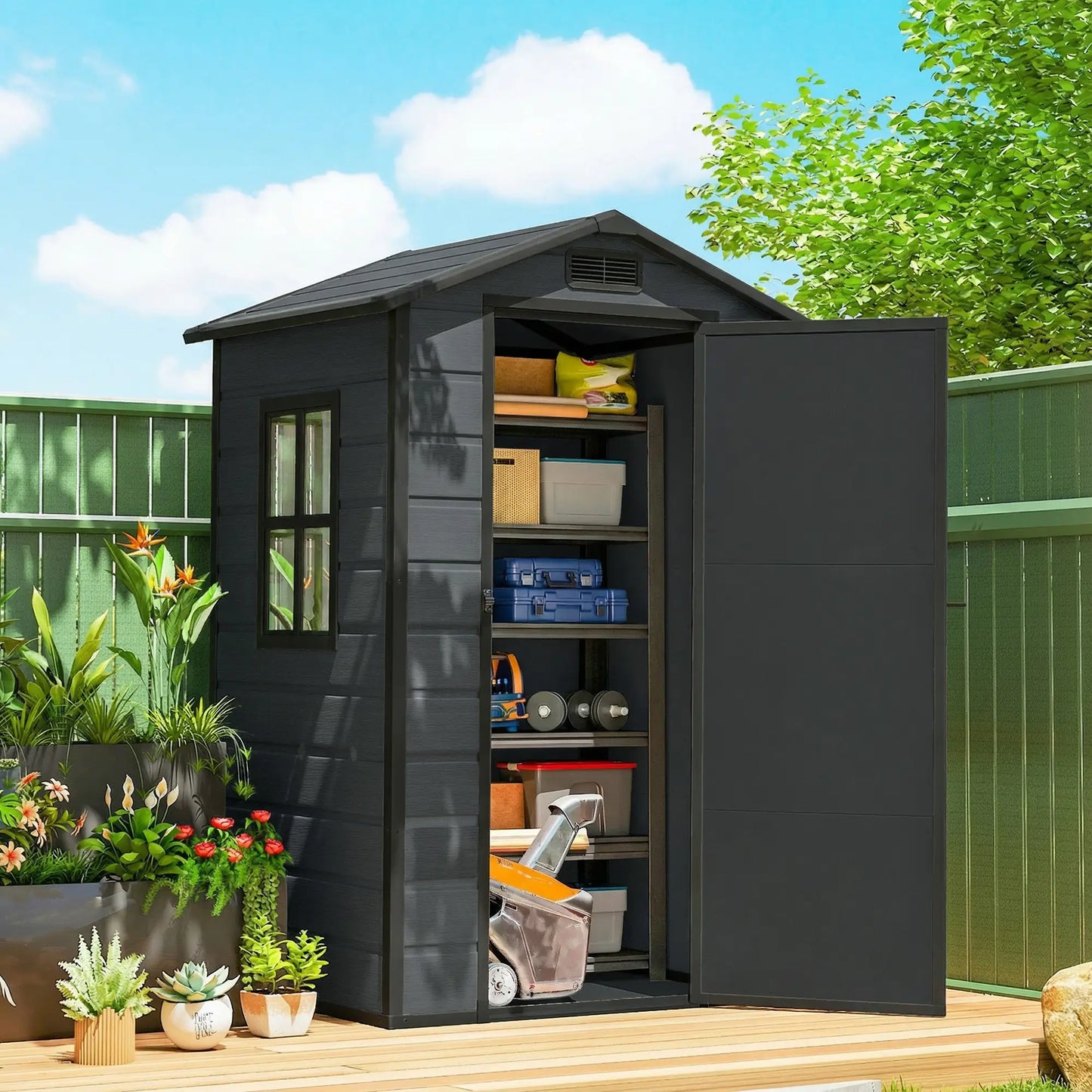 Outsunny 4 x 3ft Plastic Garden Shed with Floor, Lockable Door, Window & Vent – Dark Grey