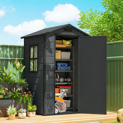 Outsunny 4 x 3ft Plastic Garden Shed with Floor, Lockable Door, Window & Vent – Dark Grey