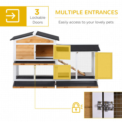 PawHut Two-Tier Wooden Rabbit Hutch with Run & Removable Trays – Yellow