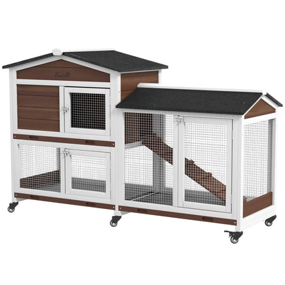 PawHut Wooden Two-Tier Rabbit Hutch with Run & Wheels – Brown