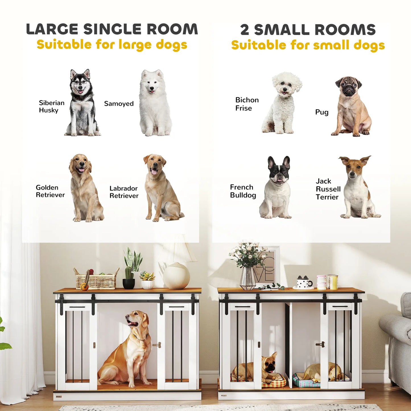 PawHut Dog Crate Furniture for Large Dogs & Small Dogs with Divider – White & Golden Oak